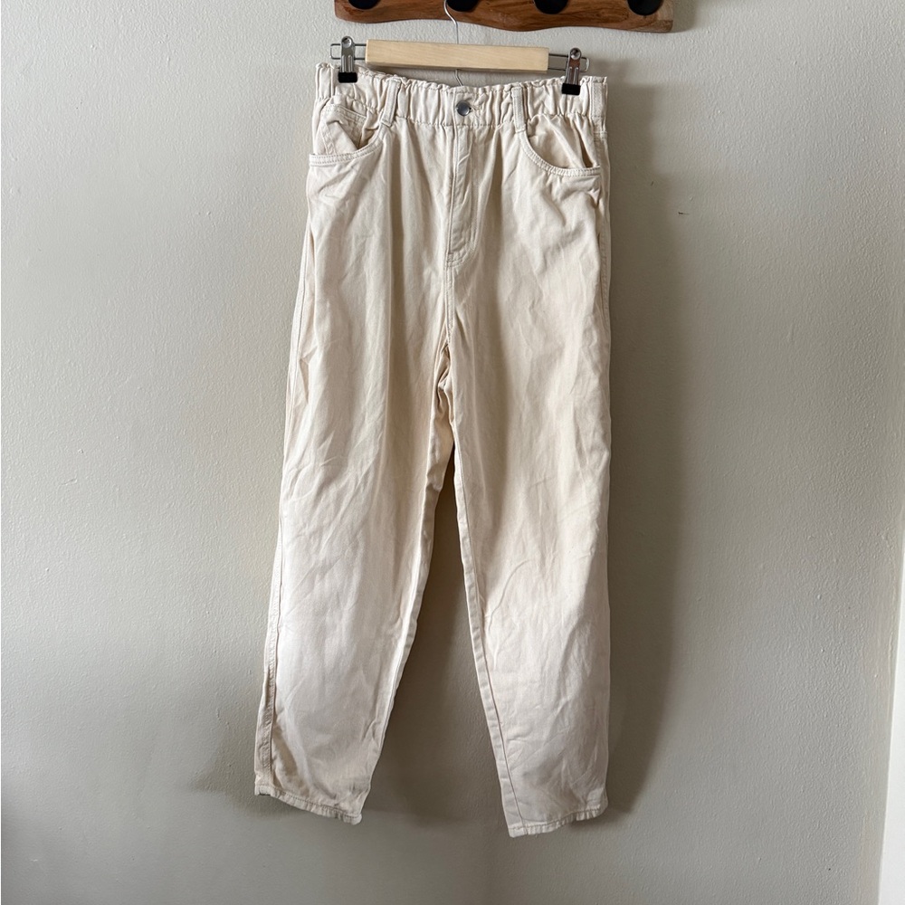 H&M Cream Elastic Waist High Rise Tapered Leg Pants 100% Cotton size 8